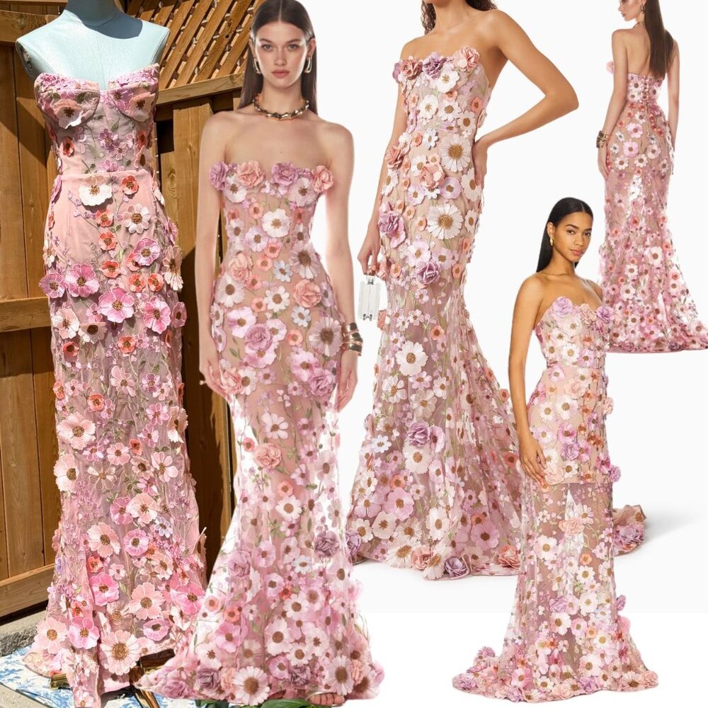 🆕 BRONX & BANCO 🧿 NWOT Jasmine Floral-Appliqued Gown, Pastel Pink Sz M US 6
